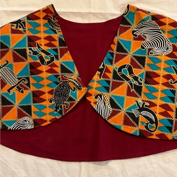 Hand Crafted Jackets & Blazers - Hand Crafted Ankara African Print Capelet Sz. 16 Burgundy Turquoise Orange Lined